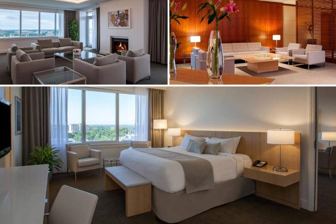 A collage of three hotel room photos to stay in Cleveland: an inviting living area with a fireplace and a large window offering city views, a minimalist lounge with modern furniture and wood paneling, and a cozy bedroom with soft lighting and a comfortable bed.
